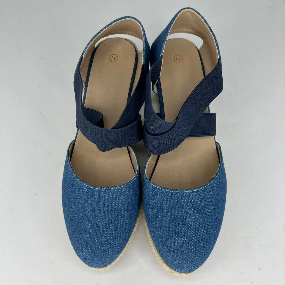 Womens Blue Beige Comfort Shoes Slip On Wedge Heel Espadrilles EU Size 41